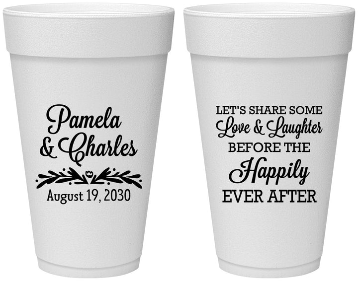 Personalized Wedding 20 oz Foam Cups - Love Laughter Happily | 409