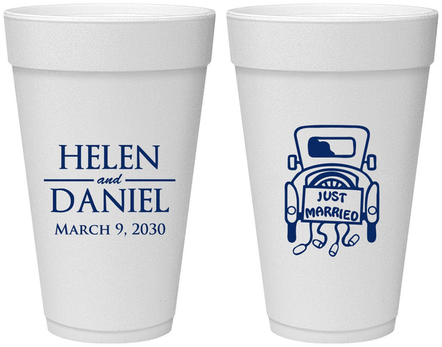 Personalized Wedding 20 oz Foam Cups - Just Married Old Car | 413