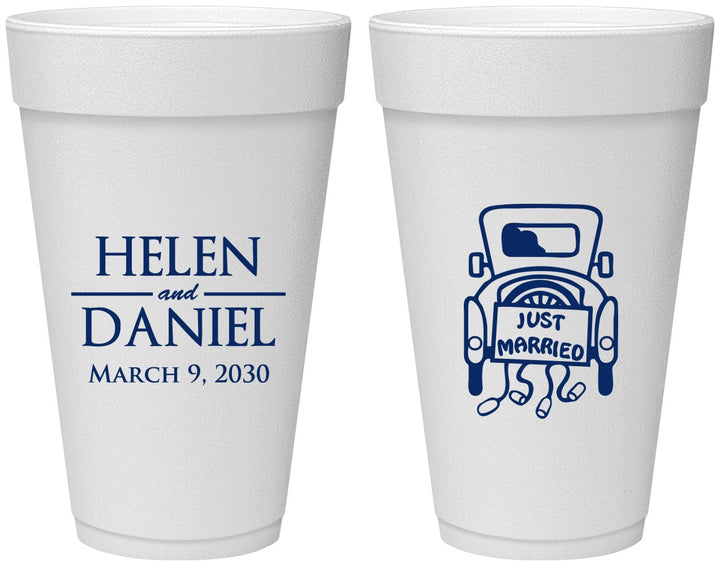 Personalized Wedding 20 oz Foam Cups - Just Married Old Car | 413