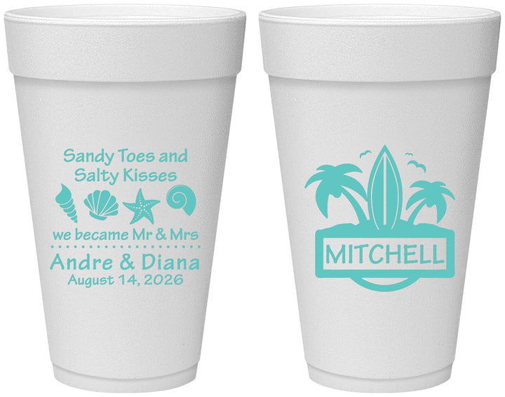 Personalized Wedding 20 oz Foam Cups - Sandy Toes Salty Kisses | 419