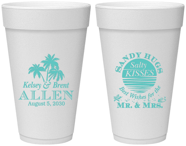 Personalized Wedding 20 oz Foam Cups - Sandy Hugs Salty Kisses | 425