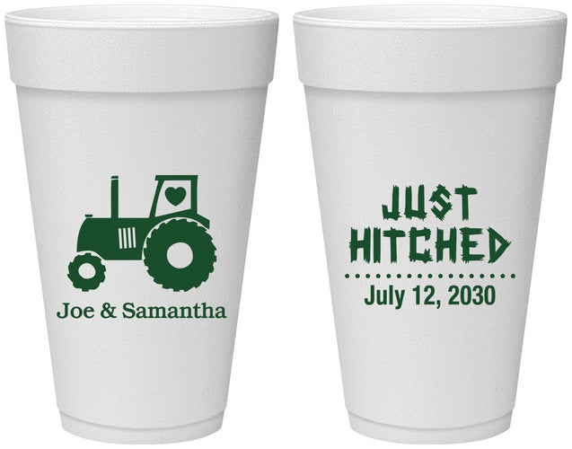 Personalized Wedding 20 oz Foam Cups - Just Hitched Tractor | 429