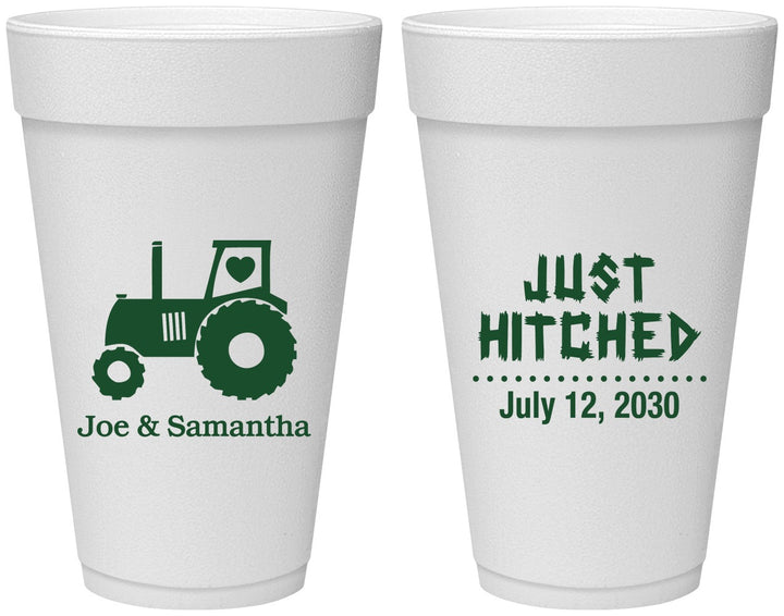 Personalized Wedding 20 oz Foam Cups - Just Hitched Tractor | 429