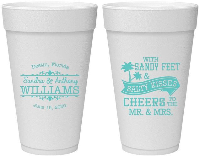 Personalized Wedding 20 oz Foam Cups - Sandy Feet Salty Kisses | 434
