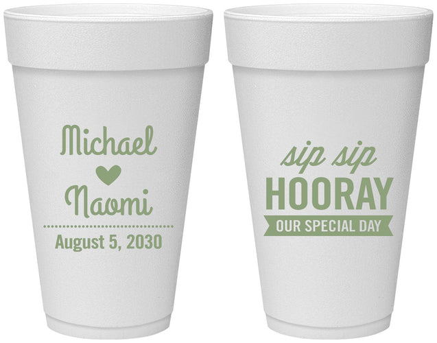 Personalized Wedding 20 oz Foam Cups - Sip Sip Hooray | 437