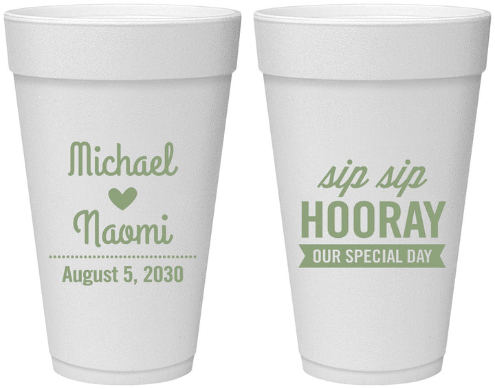 Personalized Wedding 20 oz Foam Cups - Sip Sip Hooray | 437