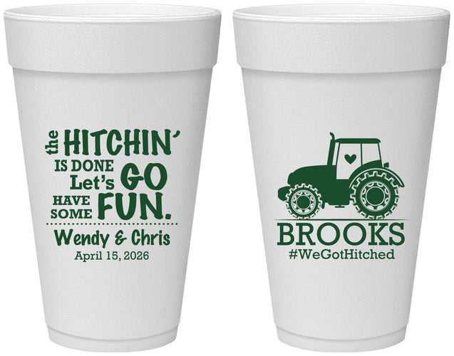 Personalized Wedding 20 oz Foam Cups - Tractor Hitchin | 448