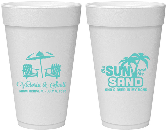 Personalized Wedding 20 oz Foam Cups - Sun Sand Drink In My Hand | 479