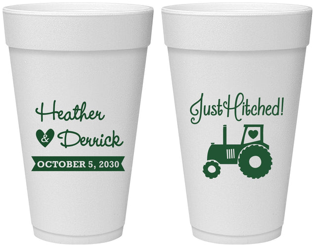 Personalized Wedding 20 oz Foam Cups - Just Hitched Tractor | 482