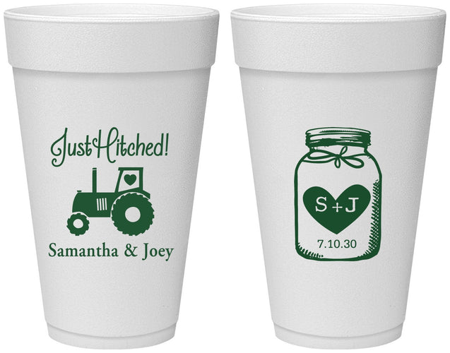 Personalized Wedding 20 oz Foam Cups - Just Hitched Mason Jar | 483