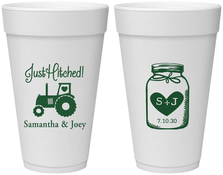 Personalized Wedding 20 oz Foam Cups - Just Hitched Mason Jar | 483