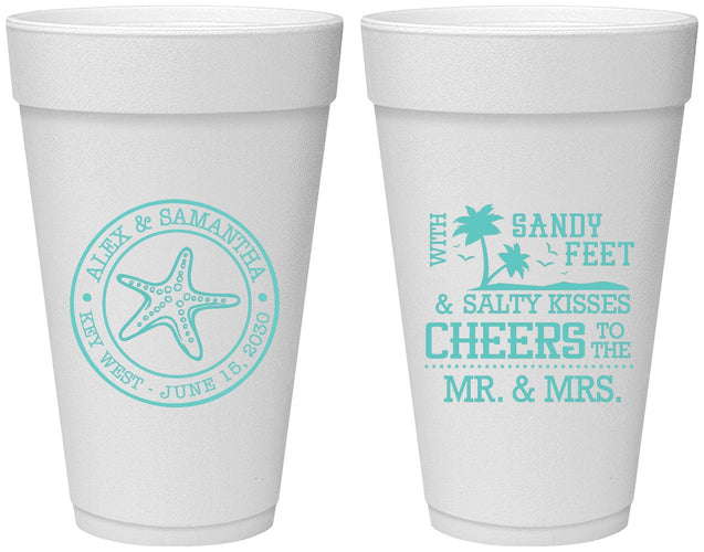 Personalized Wedding 20 oz Foam Cups - Sandy Feet Salty Kisses | 488