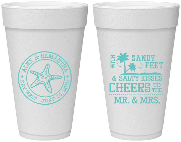 Personalized Wedding 20 oz Foam Cups - Sandy Feet Salty Kisses | 488