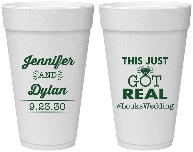 Personalized Wedding 20 oz Foam Cups - Just Got Real | 557