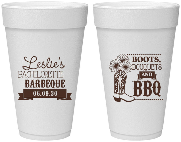 Personalized Bachelorette 20 oz Foam Cups - Boots Bouquets Bbq | 60035