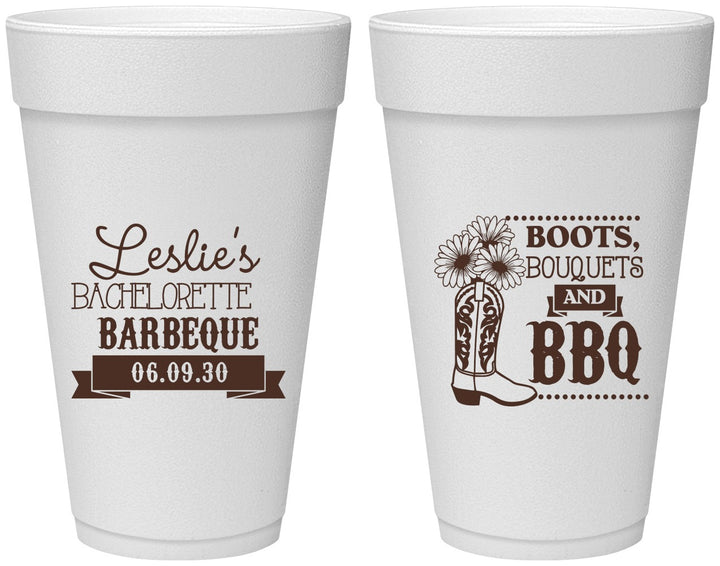 Personalized Bachelorette 20 oz Foam Cups - Boots Bouquets Bbq | 60035