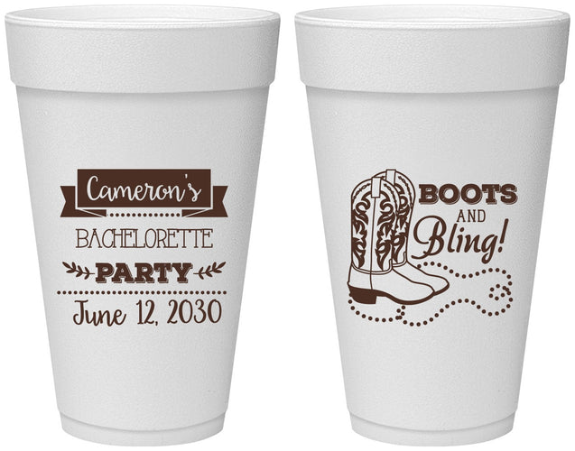 Personalized Bachelorette 20 oz Foam Cups - Boots And Bling | 60044