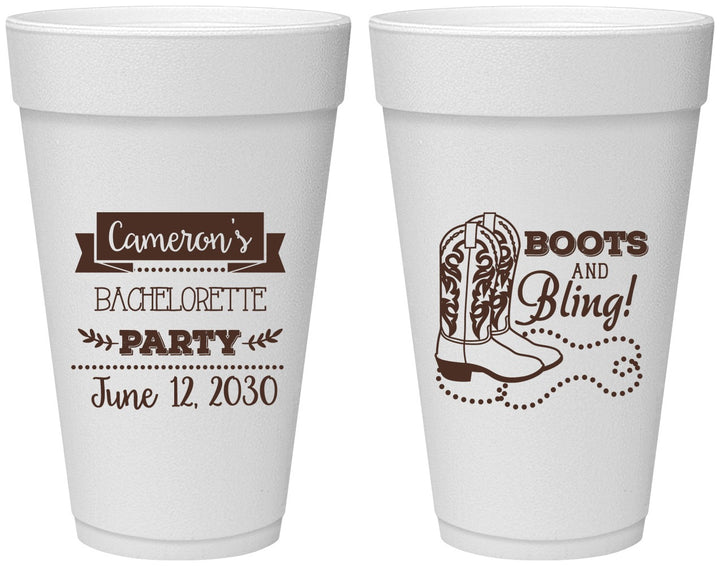 Personalized Bachelorette 20 oz Foam Cups - Boots And Bling | 60044