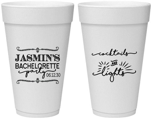Personalized Bachelorette 20 oz Foam Cups - Cocktails And Lights | 60065