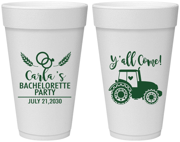Personalized Bachelorette 20 oz Foam Cups - Tractor Farm | 60070