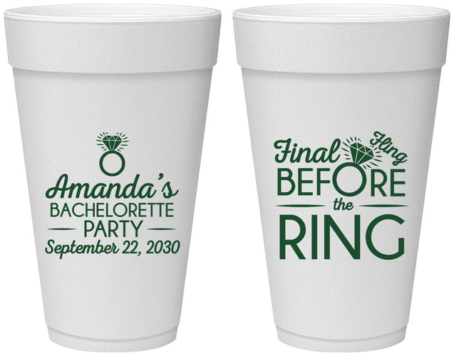 Personalized Bachelorette 20 oz Foam Cups - Final Fling Before The Ring | 60074