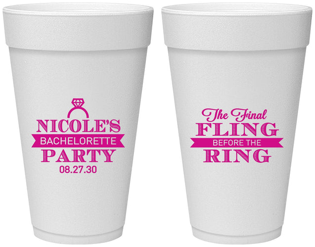 Personalized Bachelorette 20 oz Foam Cups - Final Fling Before The Ring | 60110