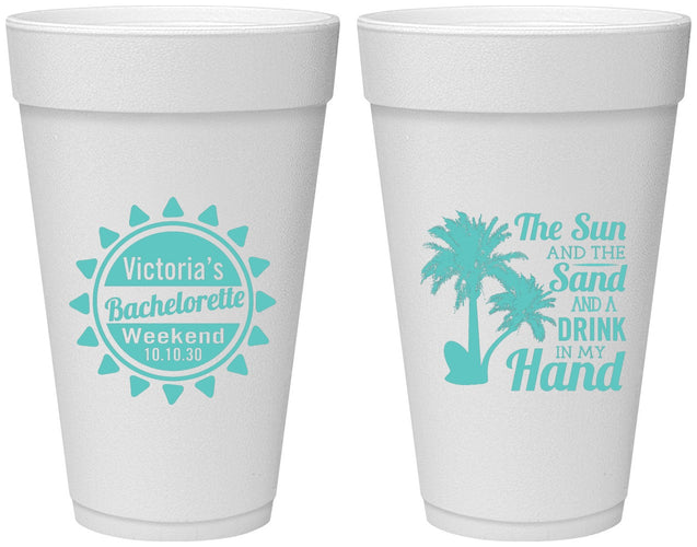 Personalized Bachelorette 20 oz Foam Cups - Sun Sand Drink Hand | 60114