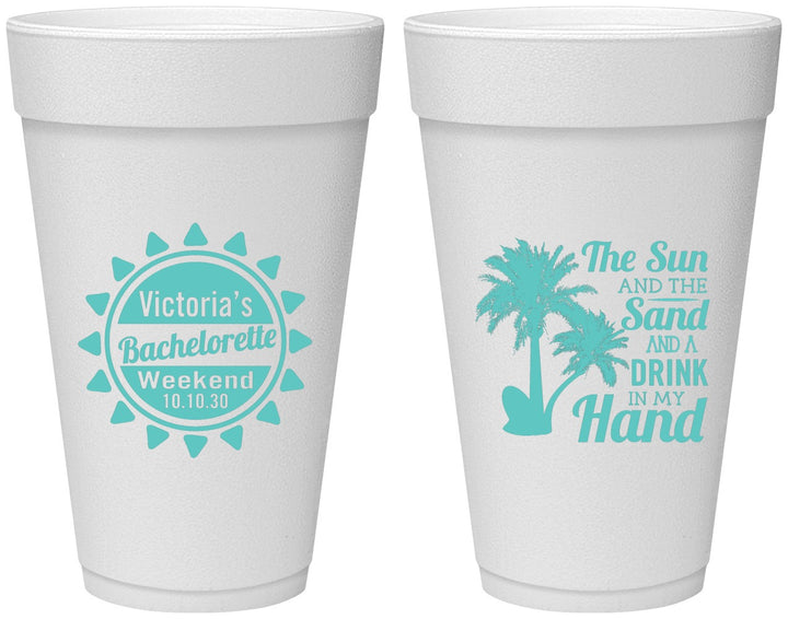 Personalized Bachelorette 20 oz Foam Cups - Sun Sand Drink Hand | 60114