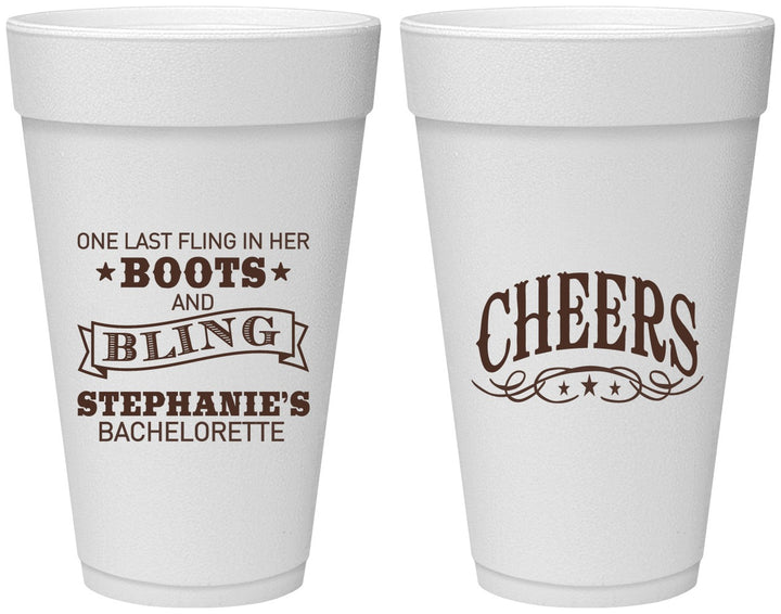 Personalized Bachelorette 20 oz Foam Cups - Boots And Bling | 60118
