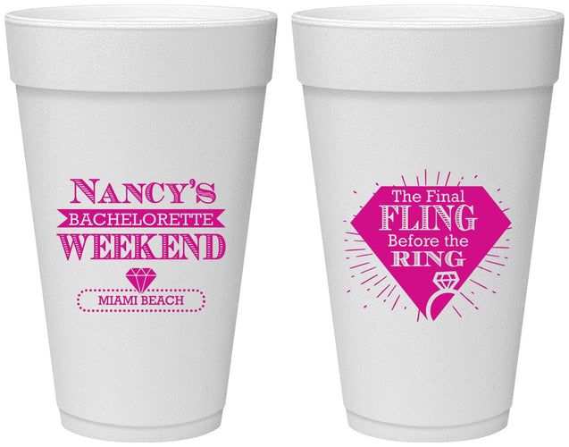 Personalized Bachelorette 20 oz Foam Cups - Final Fling Before The Ring | 60129