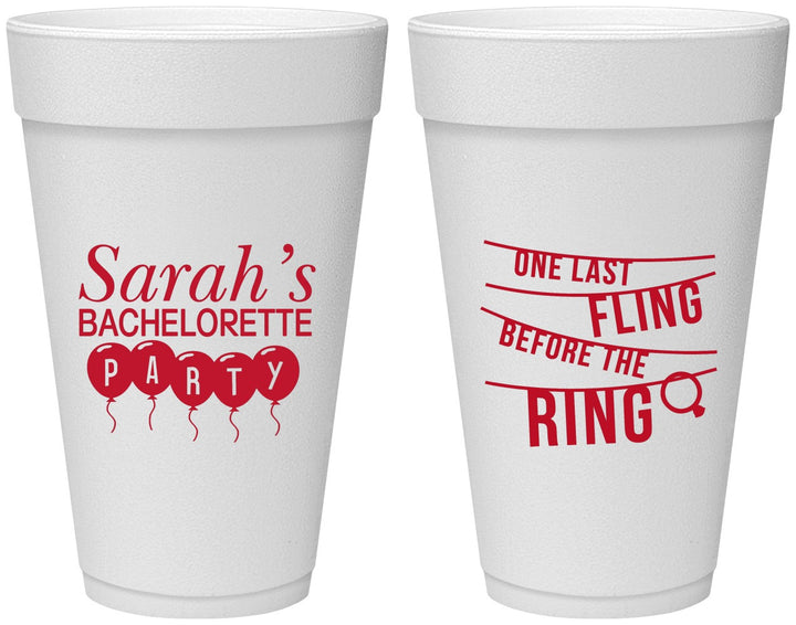 Personalized Bachelorette 20 oz Foam Cups - Last Fling Before Rings | 60140