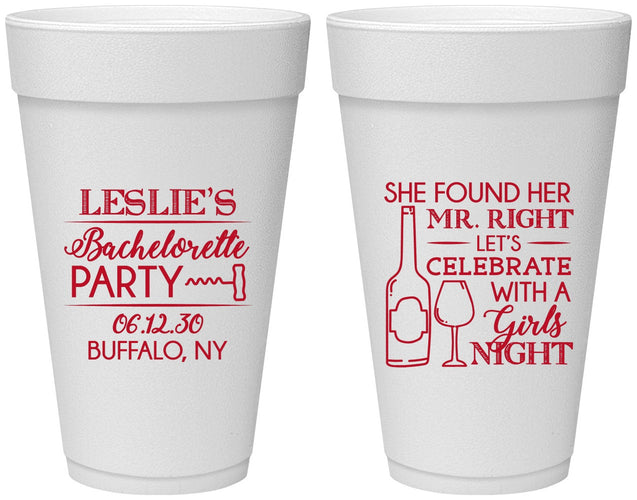 Personalized Bachelorette 20 oz Foam Cups - Mr Right Girls Night | 60180