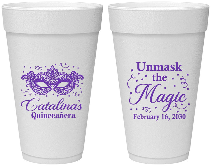 Personalized Quinceanera 20 oz Foam Cups - Mardi Gras Quince | 70010