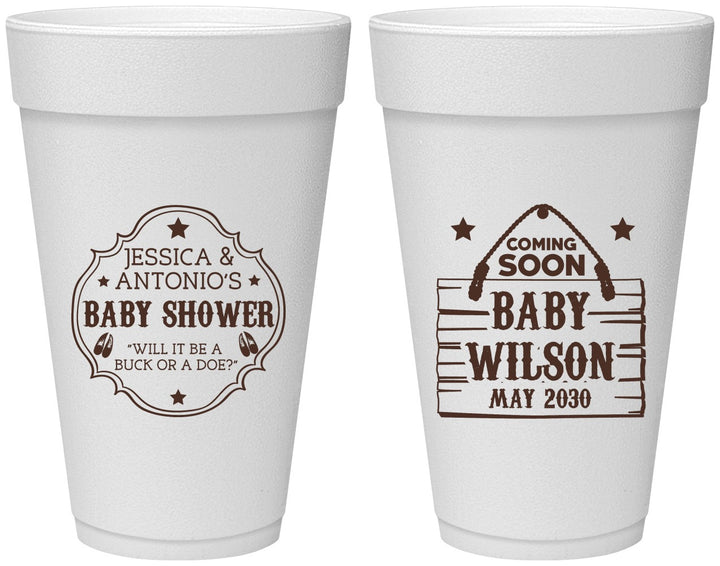 Personalized Baby Shower 20 oz Foam Cups - Gender Reveal Buck Or Doe | 90002