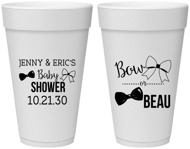 Personalized Baby Shower 20 oz Foam Cups - Gender Reveal Bow Or Beau | 90004