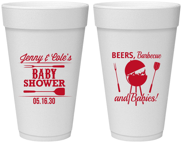 Personalized Baby Shower 20 oz Foam Cups - Beers Bbq Babies | 90006