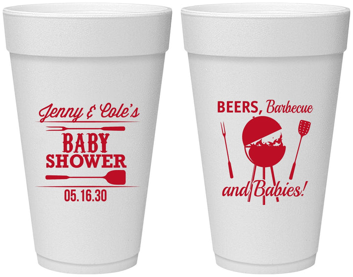 Personalized Baby Shower 20 oz Foam Cups - Beers Bbq Babies | 90006