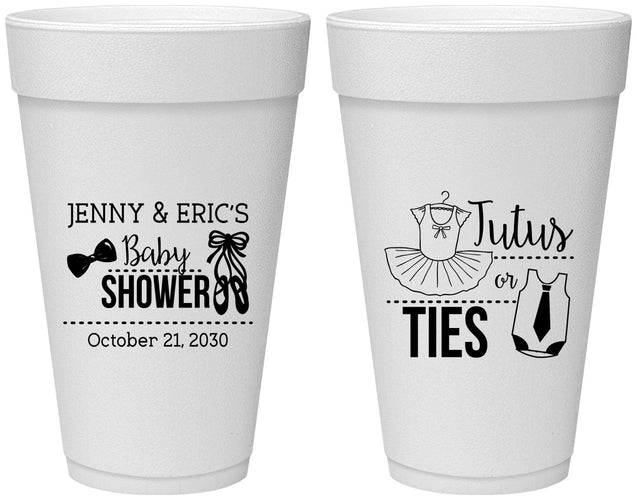 Personalized Baby Shower 20 oz Foam Cups - Gender Reveal Tutus Or Ties | 90033