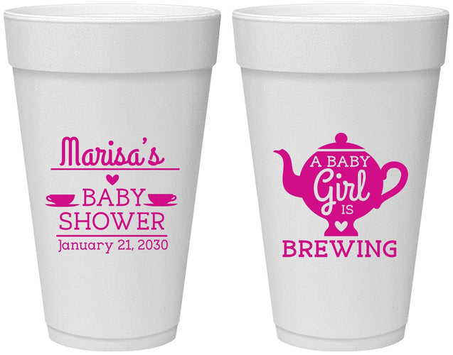 Personalized Baby Shower 20 oz Foam Cups - Baby Girl Is Brewing | 90034