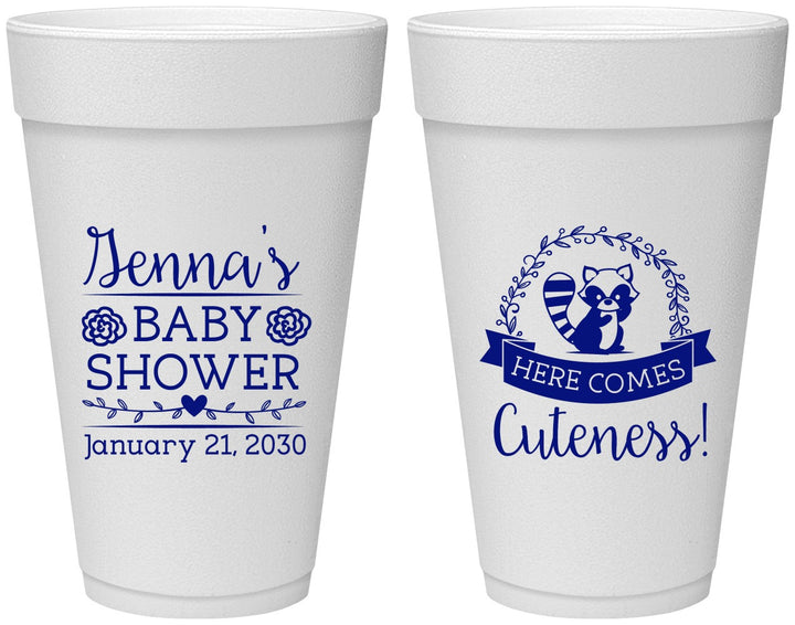 Personalized Baby Shower 20 oz Foam Cups - Racoon Cuteness | 90037