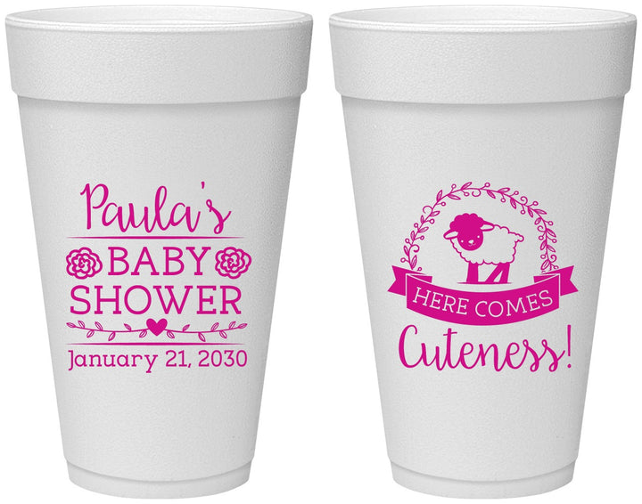 Personalized Baby Shower 20 oz Foam Cups - Lamb Cuteness | 90038
