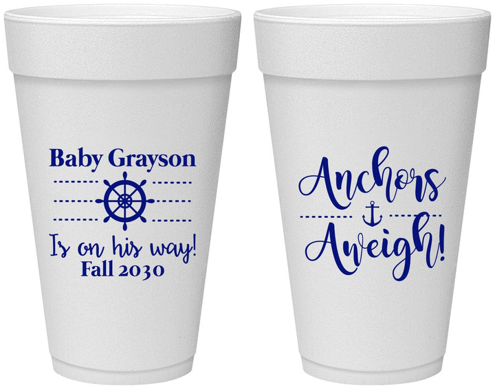 Personalized Baby Shower 20 oz Foam Cups - Nautical Anchors Aweigh | 90054