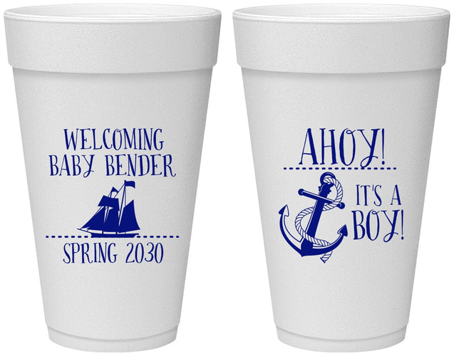 Personalized Baby Shower 20 oz Foam Cups - Nautical Ahoy It’s A Boy | 90055