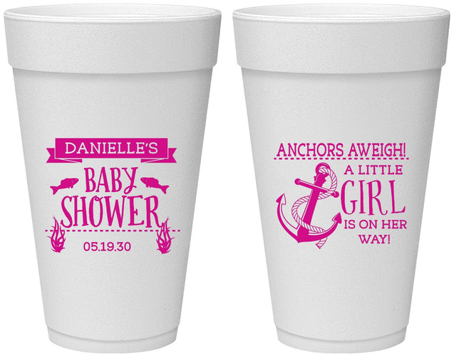 Personalized Baby Shower 20 oz Foam Cups - Anchors Aweigh Little Girl | 90056