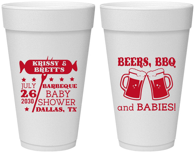 Personalized Baby Shower 20 oz Foam Cups - Beers Bbq Babies | 90060