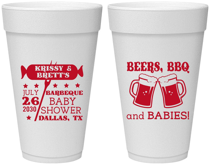 Personalized Baby Shower 20 oz Foam Cups - Beers Bbq Babies | 90060