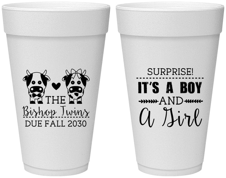 Personalized Baby Shower 20 oz Foam Cups - Twins Baby Cows | 90067