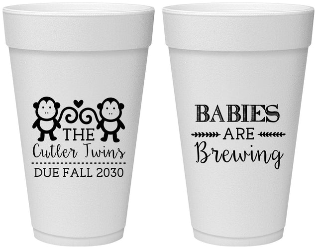 Personalized Baby Shower 20 oz Foam Cups - Twins Baby Monkeys | 90068