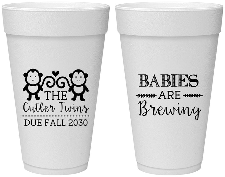 Personalized Baby Shower 20 oz Foam Cups - Twins Baby Monkeys | 90068