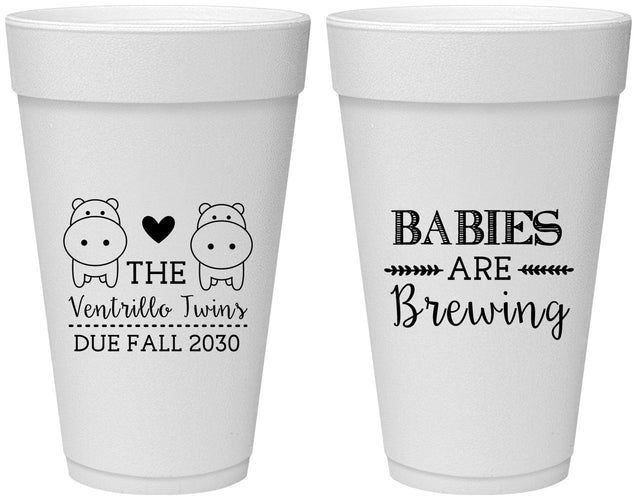 Personalized Baby Shower 20 oz Foam Cups - Twins Baby Hippos | 90069